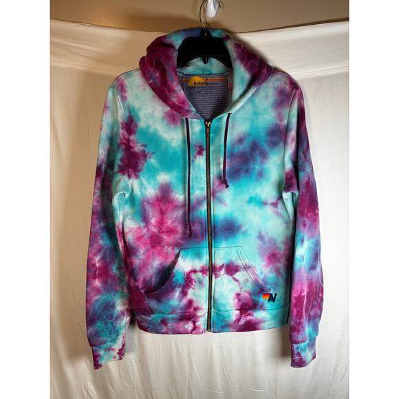 Aviator Nation Turquoise & Purple Hand-Dyed Tie Dye Zip Up Hoodie Size Small - Picture 1 of 5
